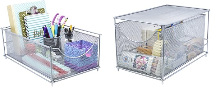 Sorbus® Cabinet Organizer Set —Mesh Storage Organizer with Pull Out Drawers—Ideal for Countertop, Cabinet, Pantry, Under the Sink, Desktop and More (Silver Two-Piece Set)