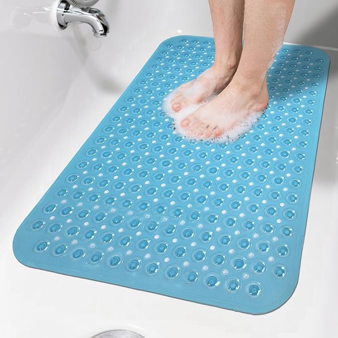 Bathtub Mat Shower Mat Non Slip 17x30 Inch Standard Size, Soft Bubble Bath Tub Mat Shower Mats for Inside Shower Bathroom Floor Mat with Big Suction Cups & Drain Holes, BPA-Free，Clear Blue