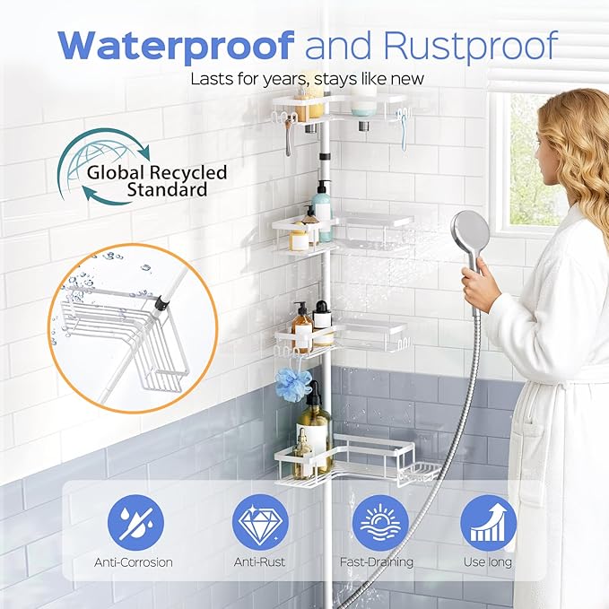 HAMITOR Shower Caddy Tension Pole: 4-Tier Corner Bathroom Organizer Shelf with Soap Holder & Hooks - No-Drill Adjustable Storage Rack for Apartment Renters - 47-123 Inch White