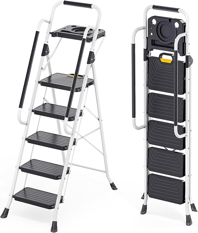 KINGRACK 5 Step Ladder, Folding Step Stool with Comfortable Handrail, Wide Anti-Slip Pedals & Safe-Lock Design, 800lbs Load Capacity, Sturdy Steel Portable Ladder, Perfect for Home and Kitchen, White