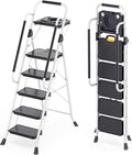 KINGRACK 5 Step Ladder, Folding Step Stool with Comfortable Handrail, Wide Anti-Slip Pedals & Safe-Lock Design, 800lbs Load Capacity, Sturdy Steel Portable Ladder, Perfect for Home and Kitchen, White