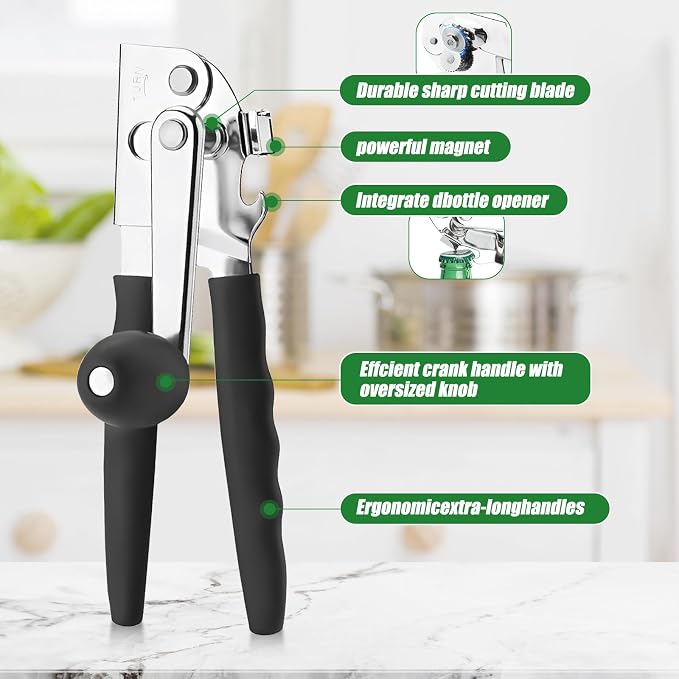 Commercial Can Opener Stainless Steel Handheld Can Opener Smooth Edge with Easy Crank Handle Black Swing Grips for Bulk Cans and All Size Cans