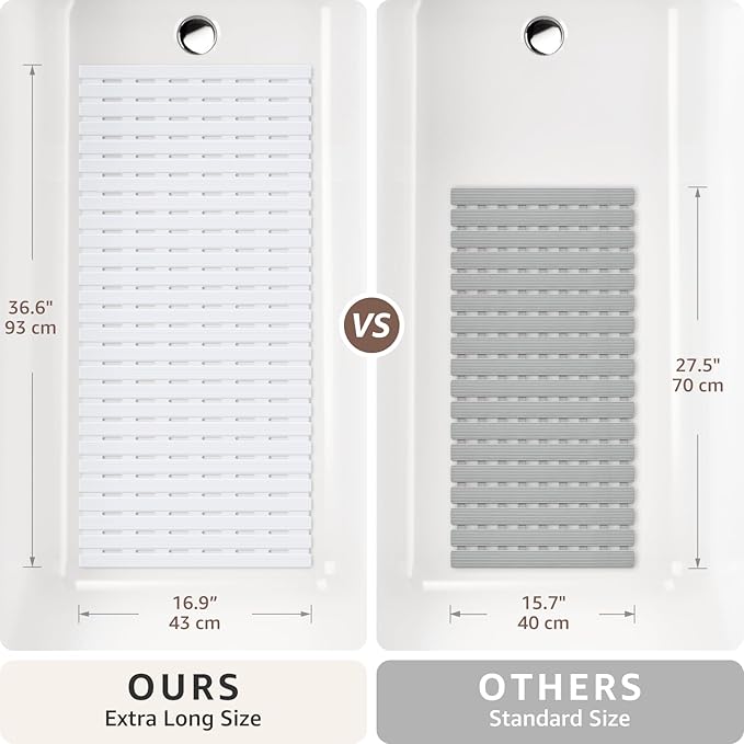 OTHWAY Non Slip Shower Mats, 36.6" x 16.9" Shower Mats for Inside Shower, Soft TPE Bath Mat for Tub Non Slip, Anti Slip Shower Floor Mat with Suction Cups, Machine Washable Shower Stall Mat, White