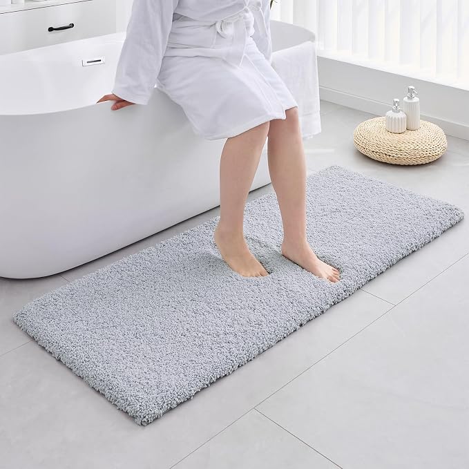 ILANGO Silver Bathroom Rugs 60" × 24" Non Slip & Super Absorbent Extra Thick Soft, Washable Bath Carpet Runner for Floor, Microfiber Plush Shaggy Bath Mats with Tub for Droom Bathtub Shower Room