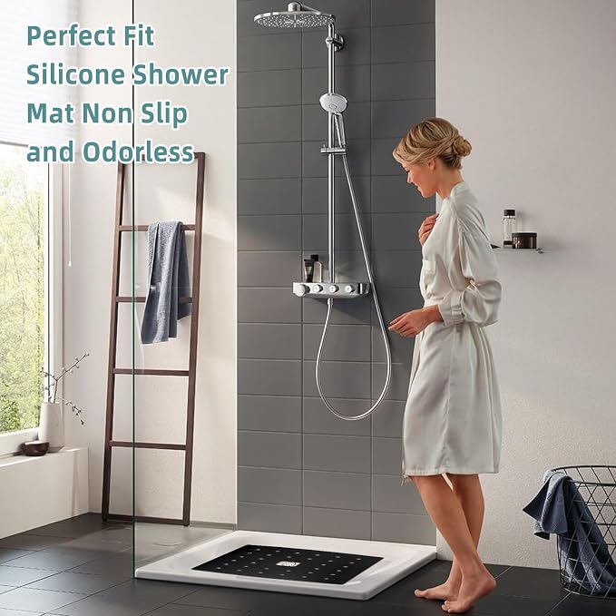 Shower Mat Non Slip Silicone Soft Odorless Bathtub Mat Non Slip No Suction Cups for Refinished,Reglazed and Textured Bath Tub Mat 24 X 24 Inch Black