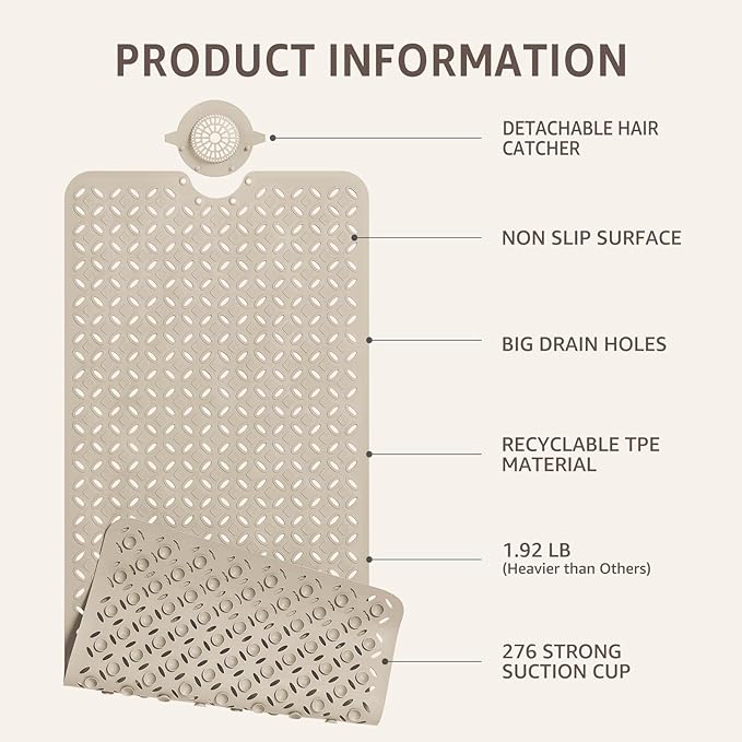 OTHWAY Bath Mat for Tub Non Slip: 39" X 17" Long Bathtub Mat with Hair Catcher│Big Drain Holes Shower Mats for Inside Shower│Machine Washable (Brown)