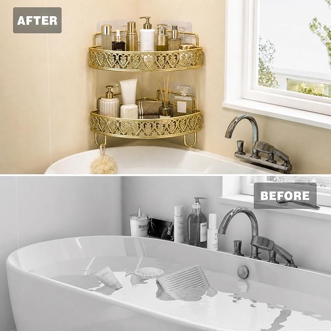 Gold Corner Shower Caddy - 2 Tier No Drilling Adhesive Shower Shelves, Gold Bathroom Shower Organizer with 4 Hooks, Wall Mounted Shower Rack for Inside Shower, Decorative Shower Corner Shelf