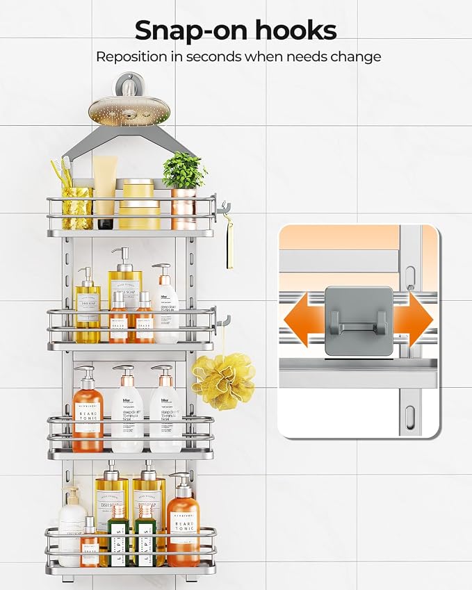 ODesign 4 Tier Height-Adjustable Shower Caddy Hanging Anti-Swing-Over The Shower Head Caddy- Storage Organizer Bathroom Shelves Basket Caddies-Silver