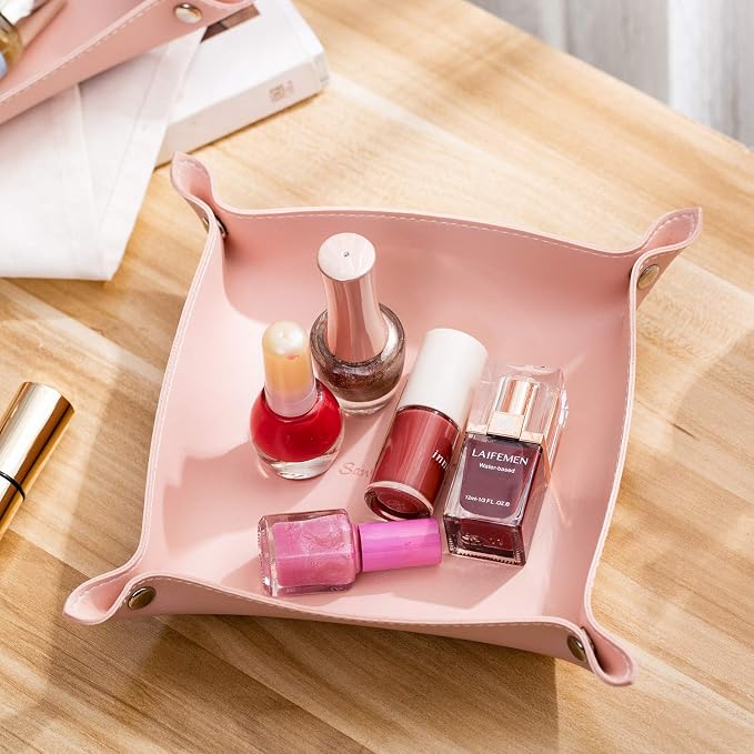 Leather Jewelry Valet Tray for Women and Man, Entryway Table Bedside Nightstand Desk Portable Small Catchall Travel Dish Plate for Key,Wallet,Watch,Phone,Coin(Pink-B)