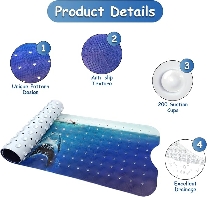 Bathtub Mat Non Slip, Shark Extra Long Bath tub Mat Shower Floor Mat with Suction Cups and Drain Holes for Adults Kids Elderly 40 X 16 Inch