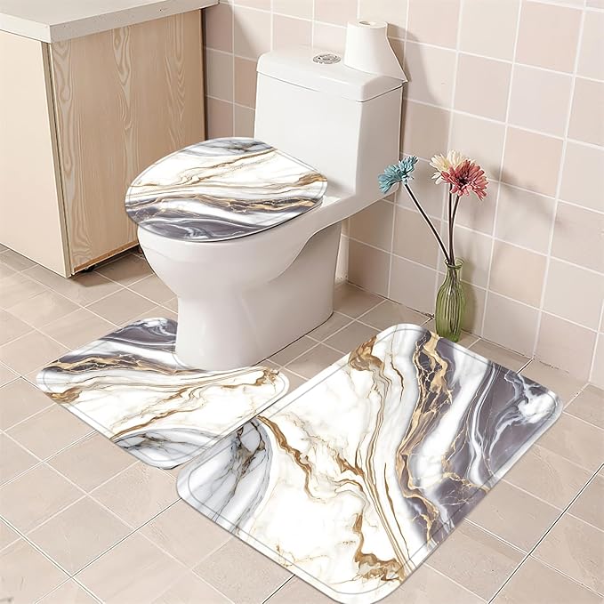 Nkzply 4 Pcs White Marble Shower Curtain Set Grey Bathroom Sets with Shower Curtain and Rugs Gold Modern Abstract Bathroom Decor Accessories Gray Bathroom Rugs Toilet Lid Cover with Hooks