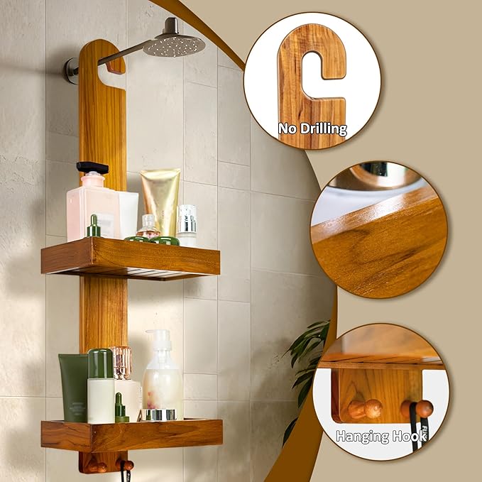 Utoplike Teak Hanging Shower Caddy with Hooks, Bathroom Shower Organizer Over Shower Head, 2-Tier Wood Shelf for Shampoo, Towels, No Drilling