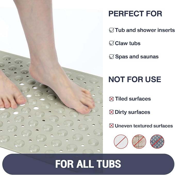 Extra Long Bathtub Mat Non Slip, Camel Soft Bath Mat for Tub 40 x 16 Inch Full Size, Bath Tub Shower Mats for Bathroom Floor with Big Suction Cups and Drain Holes, Easy Washable, BPA Free