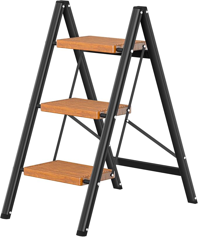 DIAMONDFORGE 3 Step Ladder, Lightweight Folding Step with Wide Anti-Slip Pedal & Feet, 330 lbs Capacity,Sturdy Steel Step Ladder for Home,Kitchen and Office,Woodgrain