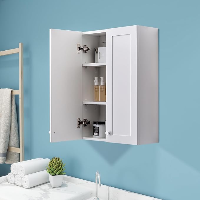 VANIRROR White Wall Mount Cabinet, MDF Over the Toilet Storage Cabinet with Adjustable Shelves, Space Saver 2 Door Medicine Cabinet for Bathroom Laundry Kitchen, 19x 27in, No Paint Odor