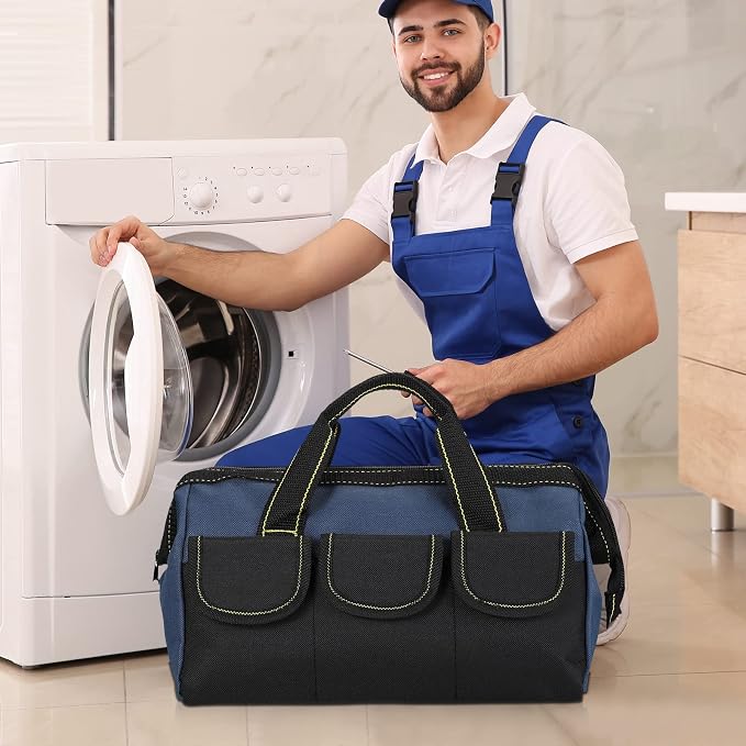 Sanwuta 3 Pack Tool Bag for Men with Waterproof Hard Bottom, Heavy Duty Tool Bag Wide Mouth Tote for Various Instrument, Electrician Carpenter Mechanic(Blue,13 Inch,Classic)