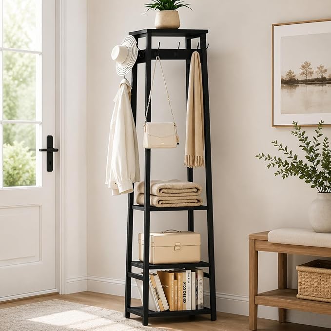 Coat Rack Freestanding, Coat Stand with 3 Shelves and 7 Hooks, Hall Tree Free Standing, Clothes Rack Stand Organizer for Bedroom, Hallway, Entryway, Living Room, Industrial Style, Black
