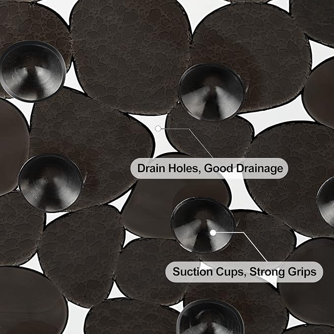 WELTRXE Pebbles Bath Mat for Tub Black Non-Slip Bathtub Mat with Suction Cups, Drain Holes for Bathroom Showers, Tub, Machine Washable, BPA, Latex Free Oval Shower Mats Bath Tub mat, 27 x 14 Inch