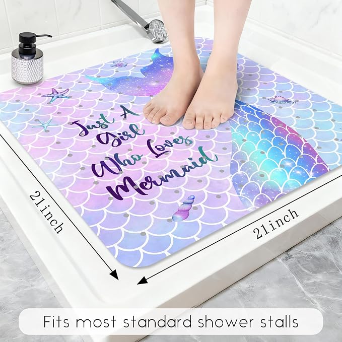 Bathtub Mat Non Slip, Mermaid Square Bath tub Mat Shower Floor Mat with Suction Cups for Adults Kids Elderly 21 X 21 Inch