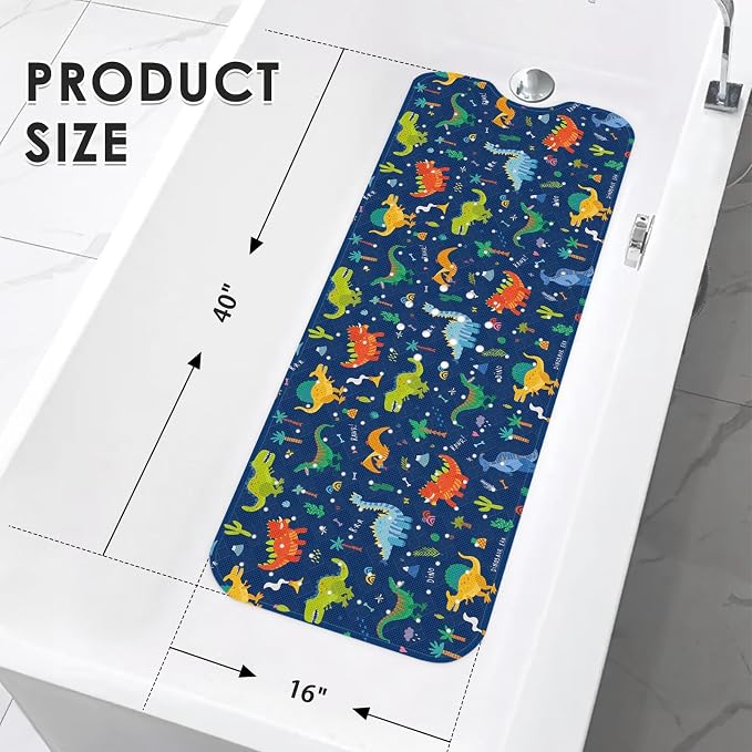Baby Bath Mat for Tub for Kids, Cute Dino Animal 40 X 16 Inch Extra Long Toddler Bathtub Non Slip Cartoon Dinosaurs Shower Mat for Tub Anti Slip with Suction Cups and Drain Holes