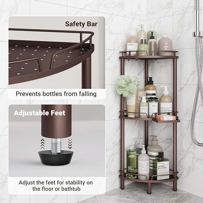ELYKEN Corner Shower Caddy Standing, 3 Tier Rustproof Metal Shower Organizer with Soap Holder, Floor Shower Corner Shelf Rack Storage Stands with Adjustable Feet & 2 Hooks for Bathroom, Bronze