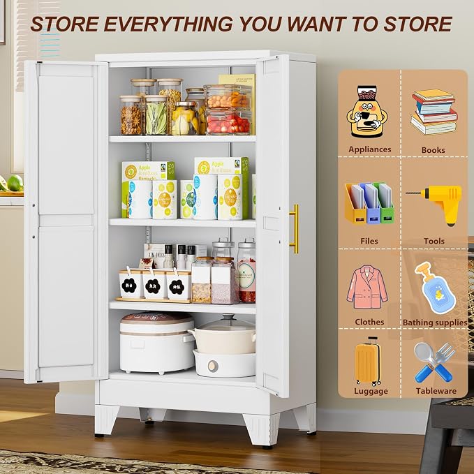 47" White Metal Garage Storage Cabinet with 2 Doors and 3 Adjustable Shelves,Kitchen Pantry Cabinet,File Cabinet,Steel Tool Cabinet for Home,Office,Garage,School,Warehouse