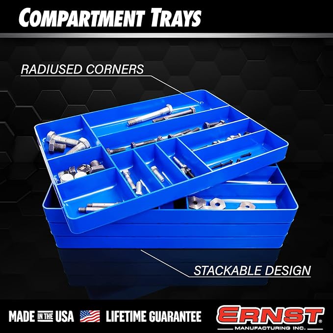 Ernst MFG 10 Compartment Drawer Organizer: Heavy Duty Stackable Tray for Automotive Garage Tool Organization - Low-Profile Toolbox Storage - Nuts and Bolts, Tools, Parts, Easy to Clean - Blue