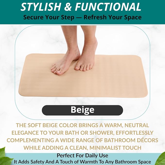 ENKOSI Bath Mat for Bathtub and Shower Floors - Non Slip Shower Mat – Anti Slip Tub tub Mat with Strong Suction Cup Grip – Soft, Beige Bathroom Mat for Inside Baths and Showers (28x16 Beige)