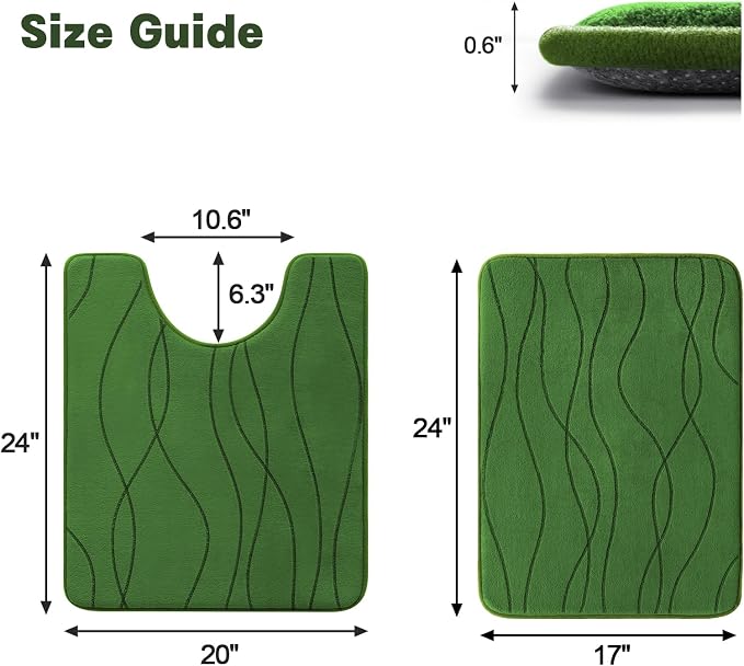 YIHOUSE Memory Foam Bathroom Rug Sets, Green, 2 Pieces-U Shape & Small Mat | Ultra Soft, Absorbent, Non-Slip, Machine Washable