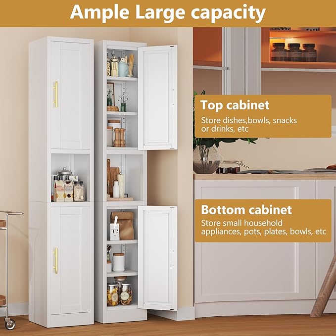 Metal Tall Narrow Storage Cabinet,67" H Freestanding Floor Cabinet with 2 Doors and 4 Adjustable Shelves,Pantry Storage Cabinet for Bathroom,Living Room,Entryway and Kitchen (White)