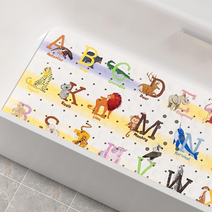 AmazerBath Baby Bath Mat Non Slip, Cartoon Kids Bath Mat for Tub 40 x 16 Inches Full Size Shower Stall Mats - Alphabets & Animals