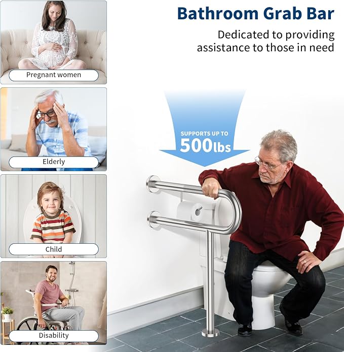 Toilet Grab Bar with Leg 24x28 Inch, ZUEXT Brushed Nickel Knurled Toilet Support Bar with Toilet Paper Holder, Stainless Steel Wall & Floor Mounted Bathroom Support Rail for Elderly Disabled Pregnant