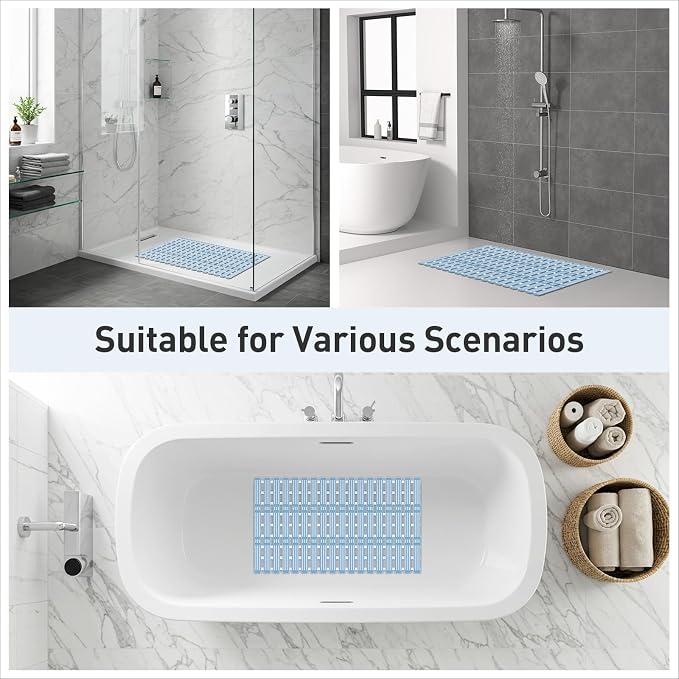 XIYUNTE Shower Mat Non Slip Bath Mat for Tub - 27 X 16 Inch TPE Bathtub Mat Non Slip Shower Mats for Inside Shower, Bath Tub Mat with Powerful Suction Cup, Easy to Cut and Dry, Blue