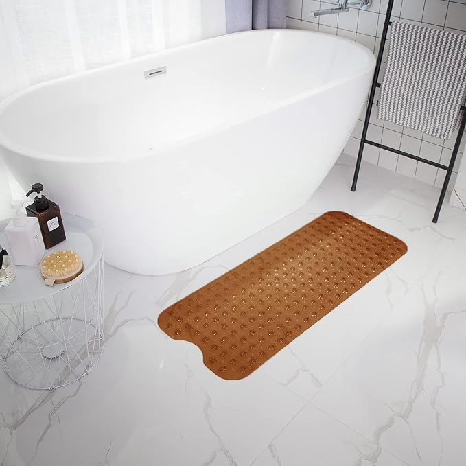 TEESHLY Bathtub Mats for Shower Tub, Extra Long Non-Slip 39 x 16 Inch Bath Mat with Drain Holes and Suction Cups, BathMat for Bathroom with Machine Washable (Clear Brown)