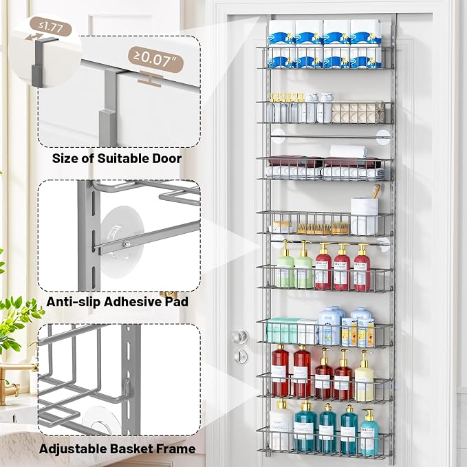 ElegantArray 8-Tier Pantry Door Oragnizer, Over The Door Pantry Organizer Rack and Storage, Hanging Spice Rack Shelves Door, Home Office Laundry Room Bathroom & Kitchen Organization, Light Gray