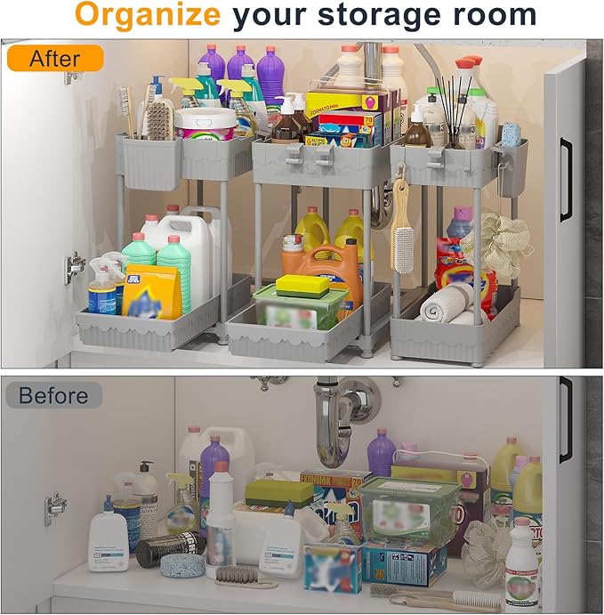 Sevenblue 3 Pack Under Sink Organizers,2-Tier Multi-Use Kitchen and Bathroom Organizers and Storage with Sliding Drawers,Bathroom Cabinet Organizer (Gray, 12.8 Inch)