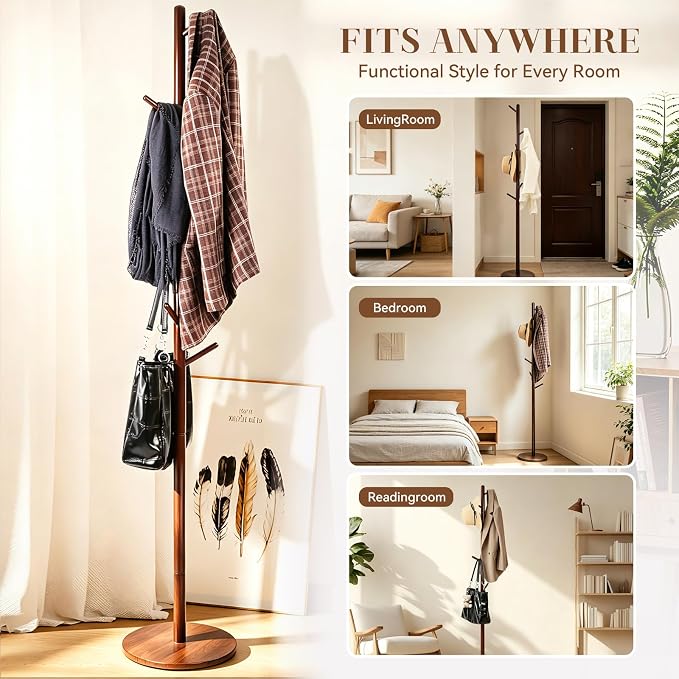 Wooden Coat Rack Freestanding, Corner Bag Purse Coat Hat Rack Tree Hanger Stand Holder Wood Modern Entryway Office Decor Furniture for Small Spaces Standing Heavy Duty Clothes Clothing Rack Hall Tree