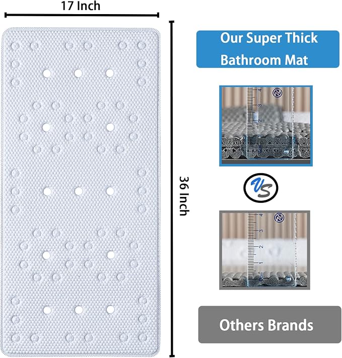 Webos Bathtub Mat Non Slip: Soft Safety Foam Bath Mat for Tub Suitable for Families Extra Large 17 X 36Inch with Drain Holes and Suction Cups Massage Tub & Shower Mat for Bathroom (White)