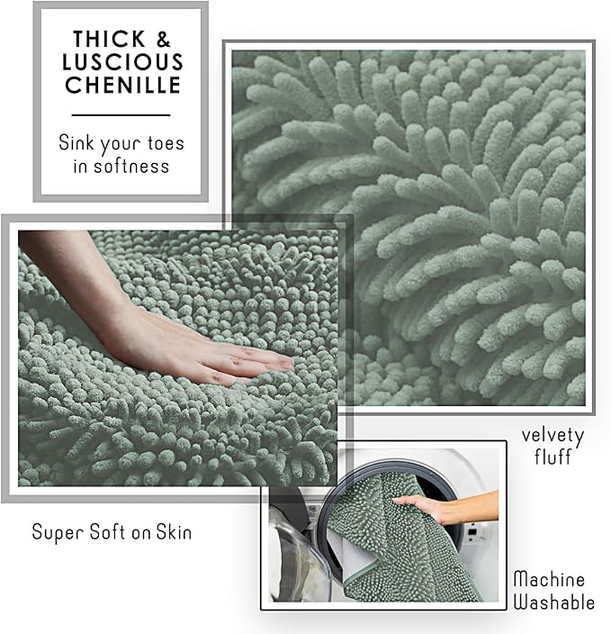 Hearth & Harbor Bathroom Rugs, Chenille Bath Mat - Machine Washable Bath Mats for Bathroom Non-Slip Backing Rubber, Quick Dry Bathroom Mat, 20 x 32 - Ice Green