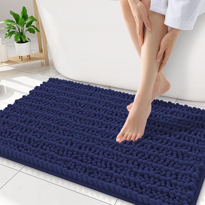 Smiry Bathroom Rugs Mat 34x21, Extra Soft Absorbent Chenille Bath Rugs, Non Slip Rubber Backing Machine Washable Quick Dry Bath Mats for Bathroom Floor, Tub, Shower, Home Decor Accessories, Deep Blue