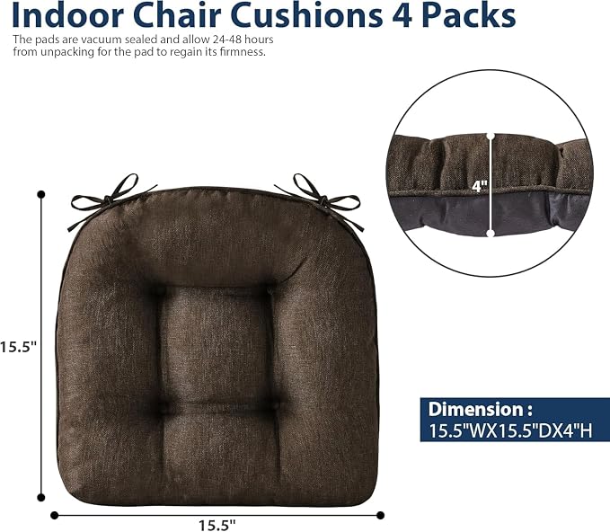 IASEAHK Chair Cushions for Dining Chairs, Seat Cushions for Kitchen Chairs, Indoor Seat Cushions with Ties, Tufted Foam Chair Pads, Non Slip Chair Cushions Set of 2, 15.5" x 15.5" x 4", Brown