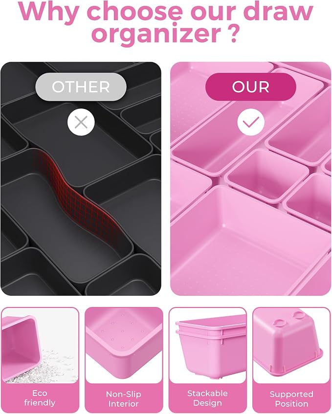 BiuLeon 25 PCS Plastic Drawer Organizers Set, 4-Sizes Vanity and Makeup Organizer, Desk and bathroom Drawer Organizer Trays, Organizers and Storage for Makeup, Jewelry, Gadgets, Utensils(Light Purple)