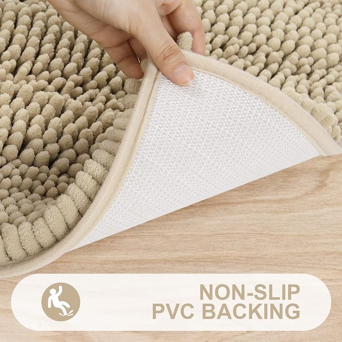 Grandaily Chenille Striped Bathroom Rugs 70x24, Extra Thick and Absorbent Bath Mats, Non-Slip Soft Plush Shaggy Shower Carpet, Machine Wash Dry, Bath Rug for Bathroom, Beige