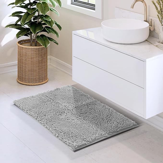 Hearth & Harbor Bathroom Rugs, Chenille Bath Mat - Machine Washable Bath Mats for Bathroom Non-Slip Backing Rubber, Quick Dry Bathroom Mat - Silver Bath Rug, 17x24