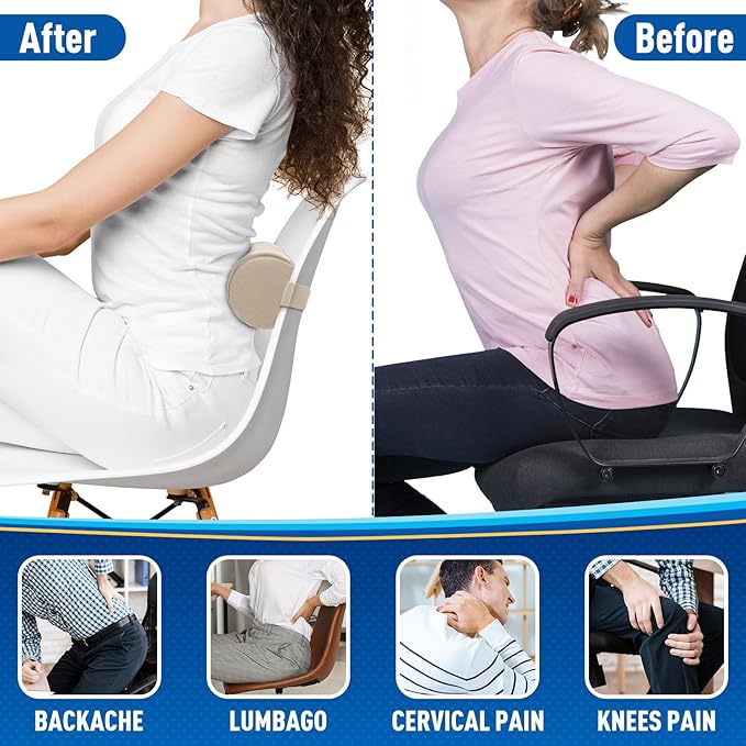 Lumbar Roll Support Pillow for Office Chair, Car, Gaming Chair, Memory Foam Back Cushion with Washable Cover for Relieving Back Pain & Improving Posture, Large,Khaki