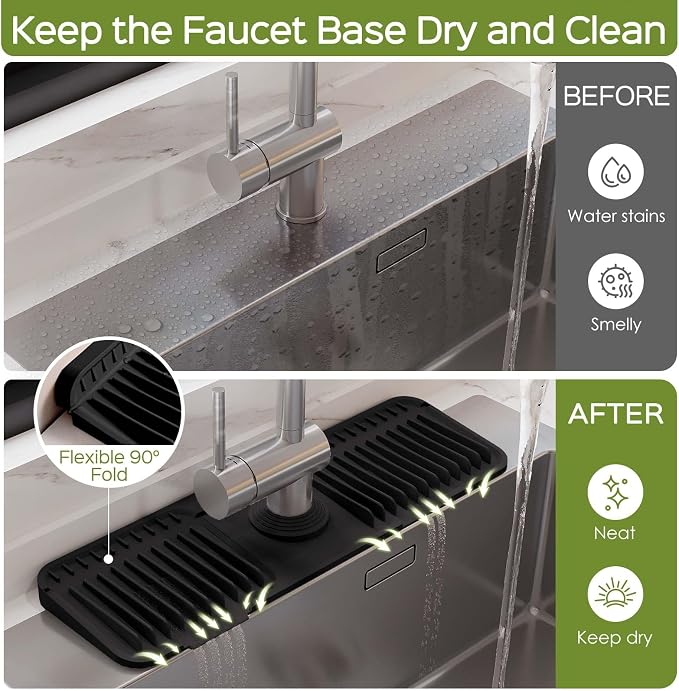 18 Inch Silicone Faucet Mat for Kitchen Sink Splash Guard – 2025 Upgraded Draining Mat with Water Tray Behind Faucet – Countertop Protectors to Catch Spills (Black, 17.7" x 5.5")