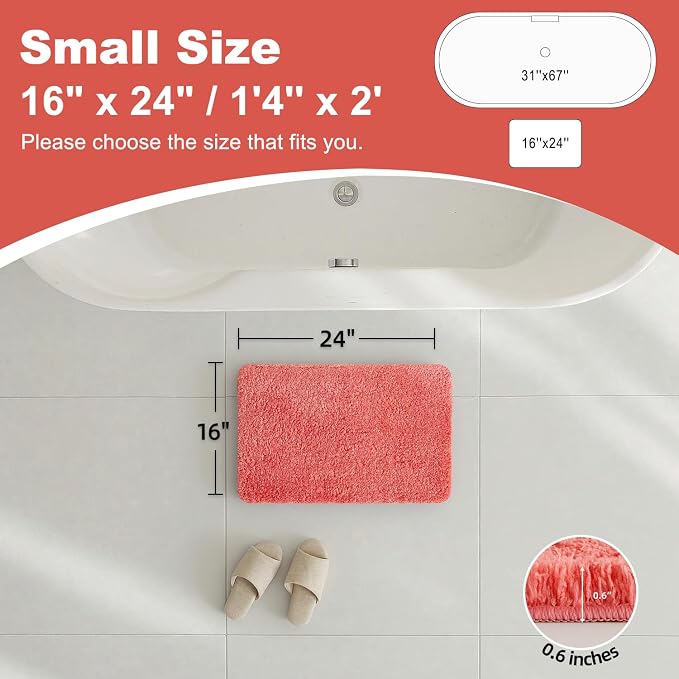 TYUU Pink Bathroom Rugs, Ultra Soft Bath Rugs Non Slip Washable, Super Absorbent Quick Dry Small Bath Mat with Rubber Backing for Bathroom Floor, Shower, or Sink, Pink 16" x 24"