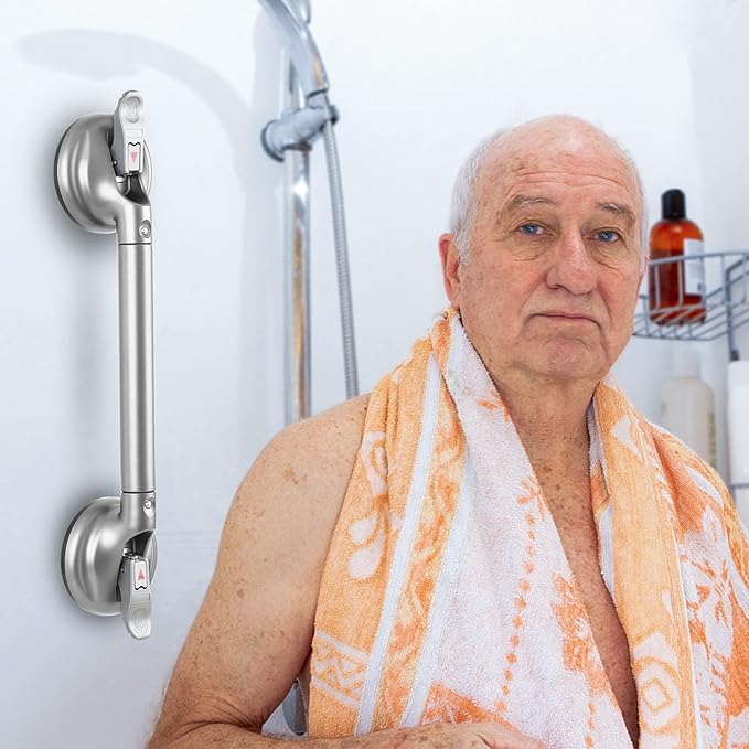 Heavy Duty Suction Shower Grab Bar - Toilet Bathroom Bathtub Safety - Shower Handles, Suction Cup Power Up to 250 LB, Perfect for Elderly Seniors(18.5 Inch, Gray Silver) ver