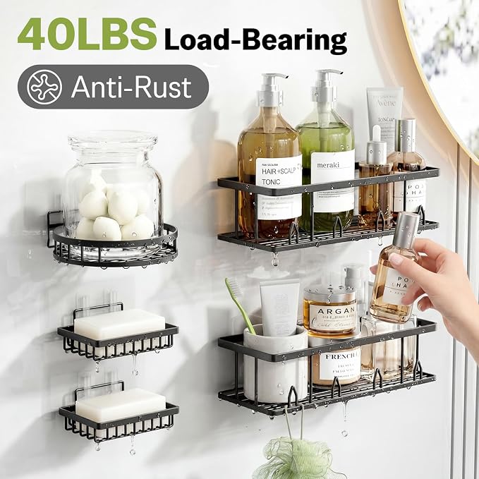 Shower Shelf Corner, 7-Pack Adhesive Shower Caddy, Metal Shower Caddy with Soap Holder, Black Shower Shelves No Drilling Bathroom Caddy for Shower, Home Decor Rv Accessories, Apartment
