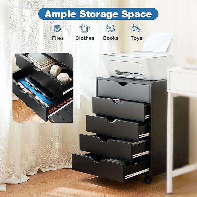 OLIXIS 5 Drawer Mobile File Cabinet Under Desk Storage Organization with Wheels Vertical Filing Chest Rolling Wood Small Desk Printer Stand for Home Office, 15.75"D x 18.74"W x 25.39"H, Black